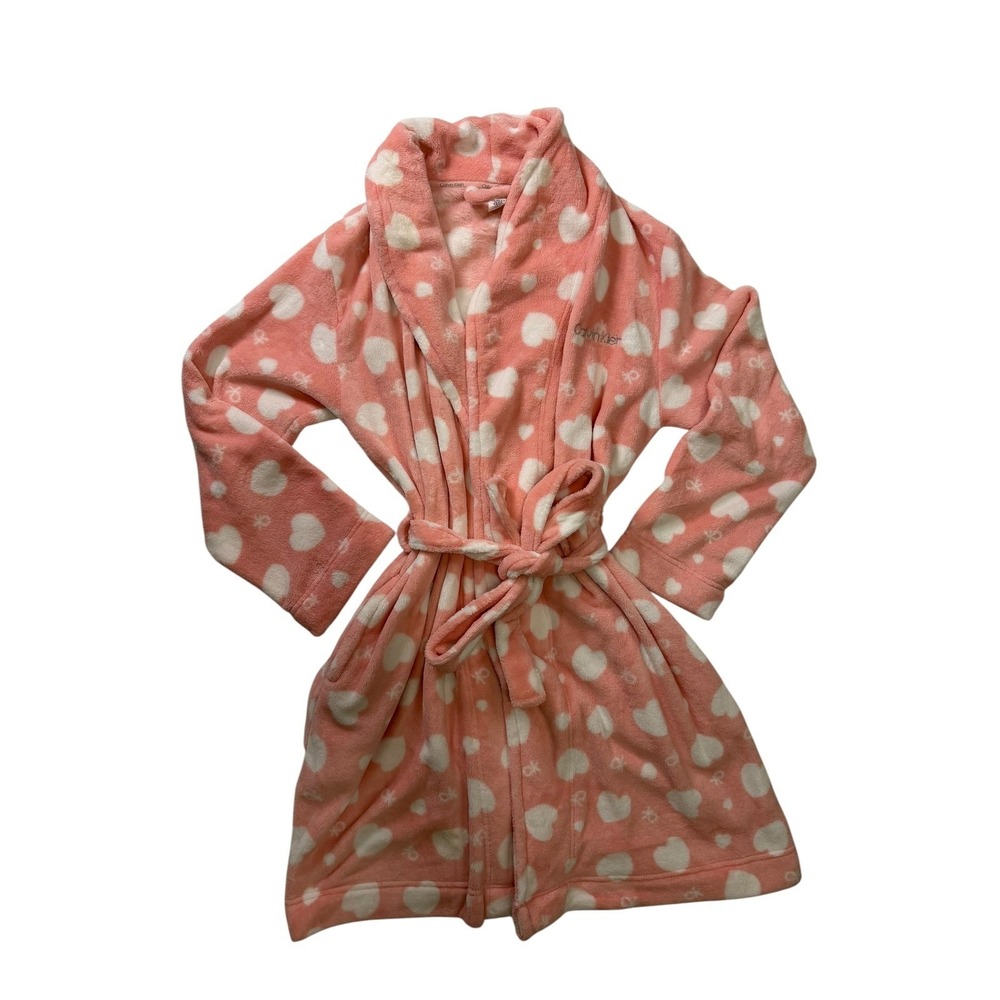 Calvin Klein Womens Peach Pink Heart Print Plush Fleece Robe Size XS/S